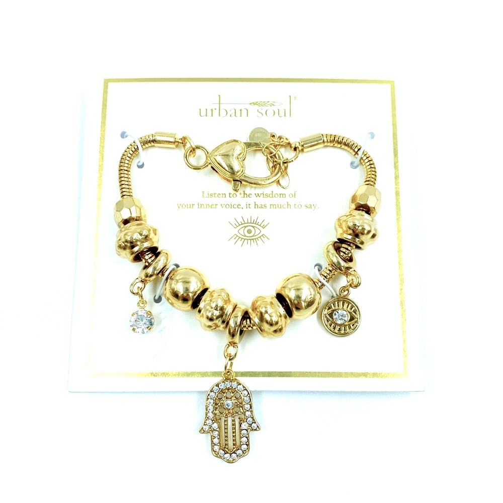 Urban Soul Charm Bracelet Pandora Style Hamsa Eye Rhinestone Gold Gift